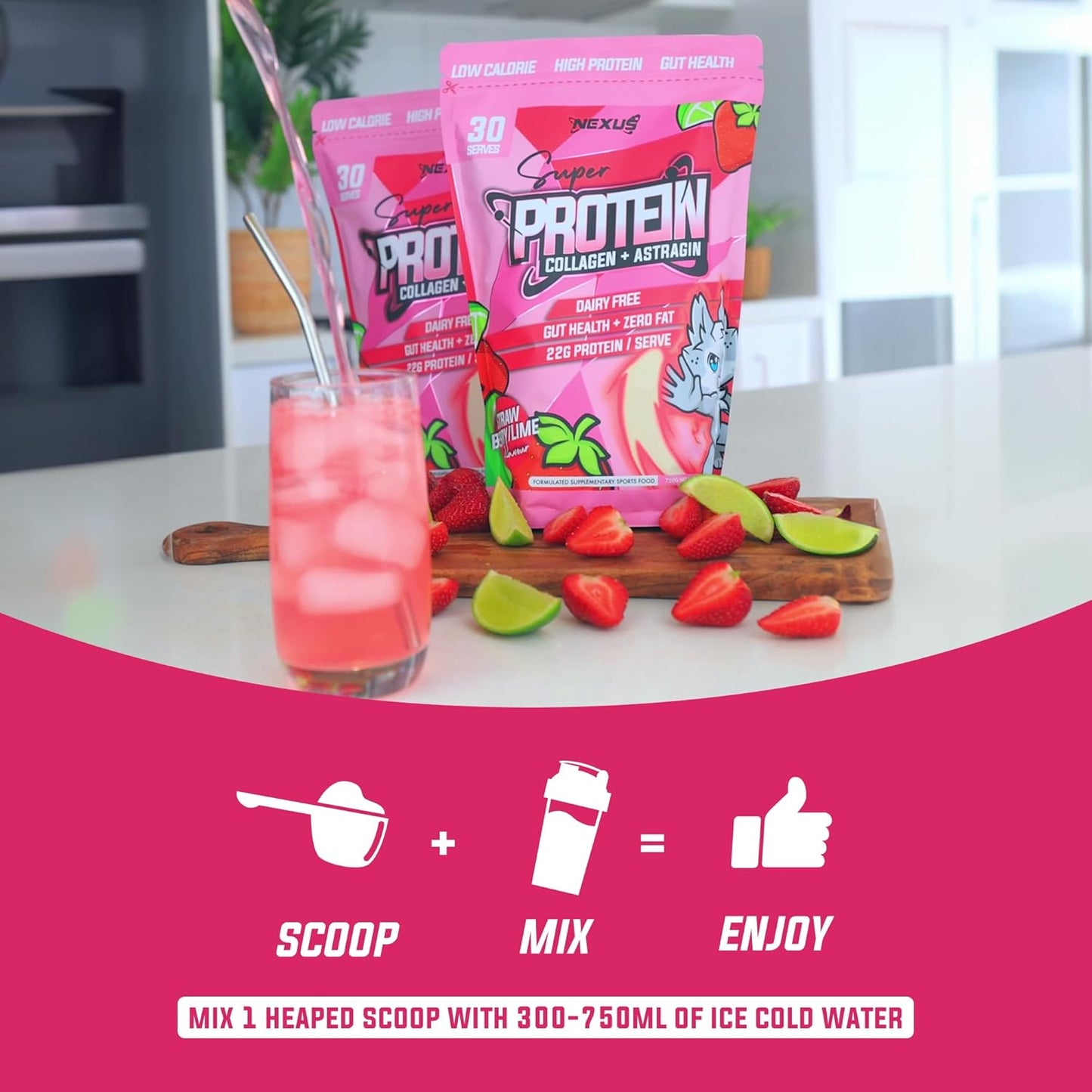 Nexus Protein Water Powder, Blackcurrent Apple Collagen Protein Drink, Dairy-Free, Gluten-Free, Zero Fat, Low Calories, 22g of Protein (per serving), Astragin, Root Extracts, Potassium, 750g (30 Servings)