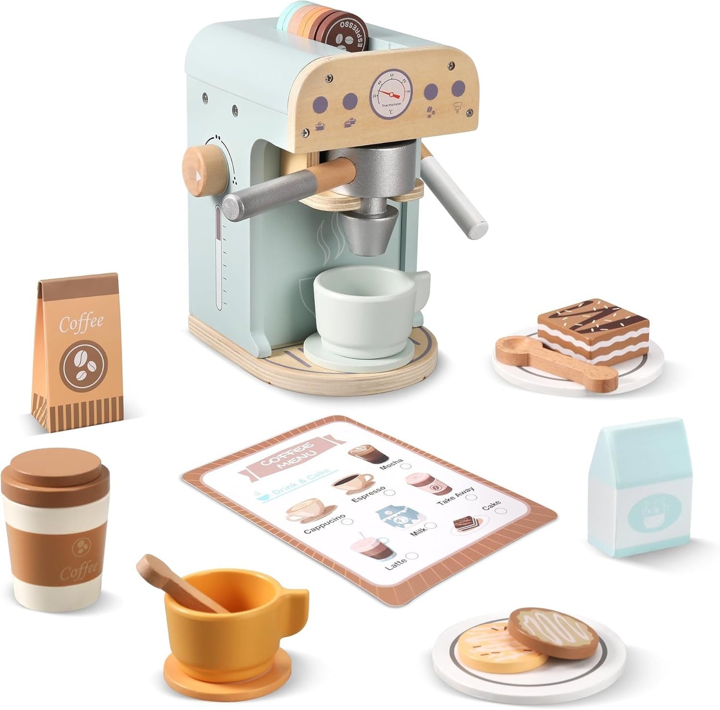 Pithfor Kids Wooden Coffee Maker Toy, Wooden Play Kitchen Appliances & Accessories Toy for Kids Toddlers, Gift for Girls Boys