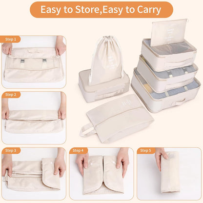 SUPERBE Luggage Organizer, Set of 7 Waterproof Packing Cubes for Travel, Shoes, Underwear - Travel Set (Beige)