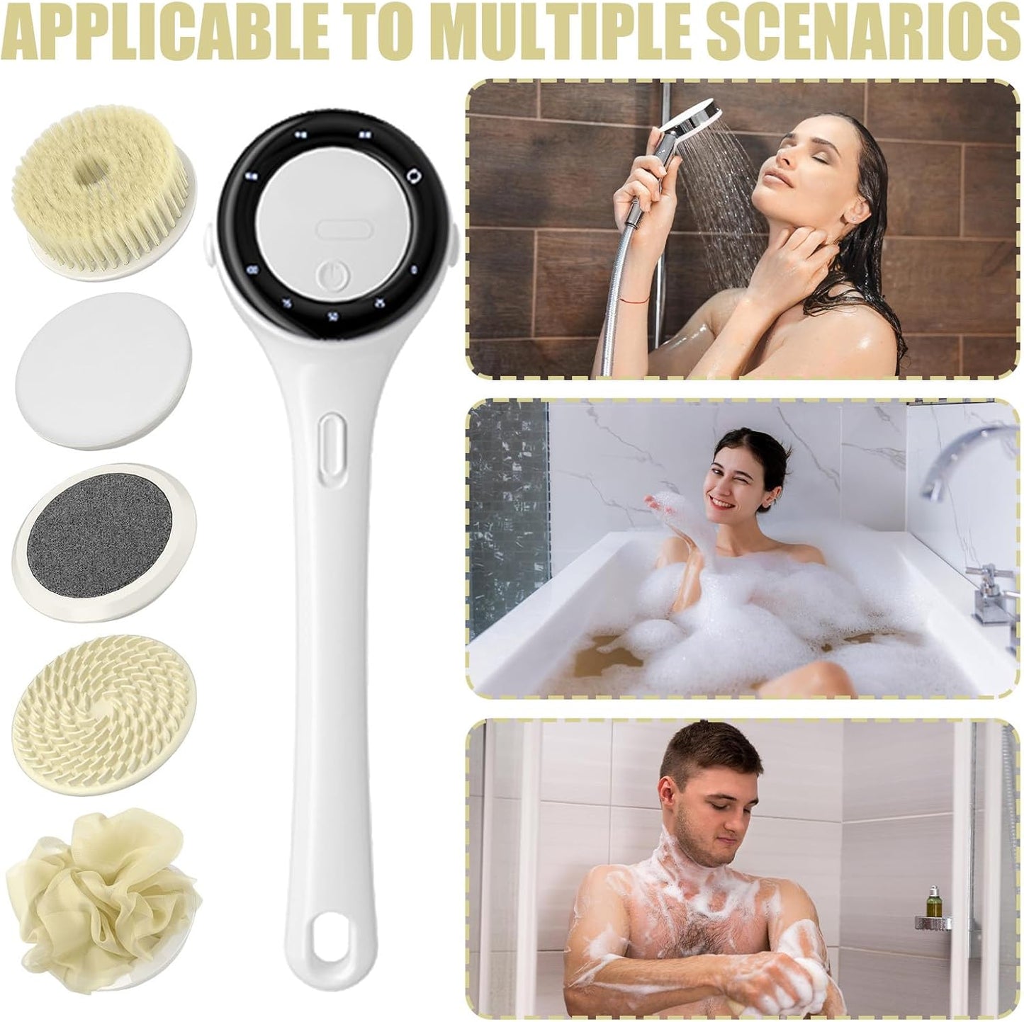Electric Back Scrubber For Shower, Long Handle Bath Brush, 3 Intensity Settings Body Cleaning Tool For Women, Men, Teens, Elderly, Deep Pore Cleansing, Hot Weather
