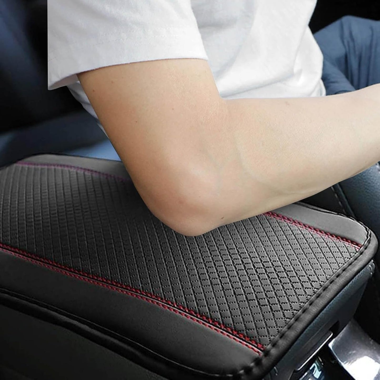KAQISI Car Armrest Storage Box Mat, Fiber Leather Car Center Console Cover, Car Armrest Seat Box Cover Accessories Interior Protection for Most Vehicle, SUV, Truck, Car (Black/Red)