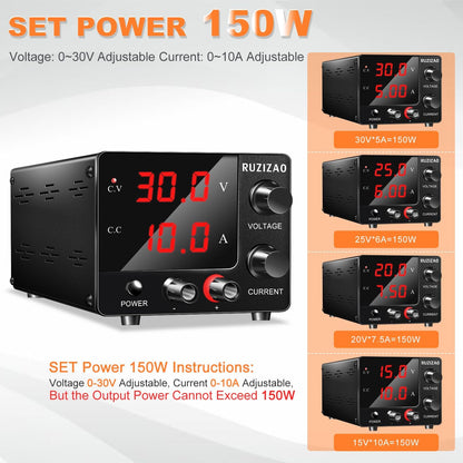 RUZIZAO Laboratory Power Supply 0~30V 0~10A 150W, Adjustable DC Power Supply Bench Power Supply Mini 3-Digit LED Display Encoder Knob Laboratory Power Supply 30V 5A/15V 10A
