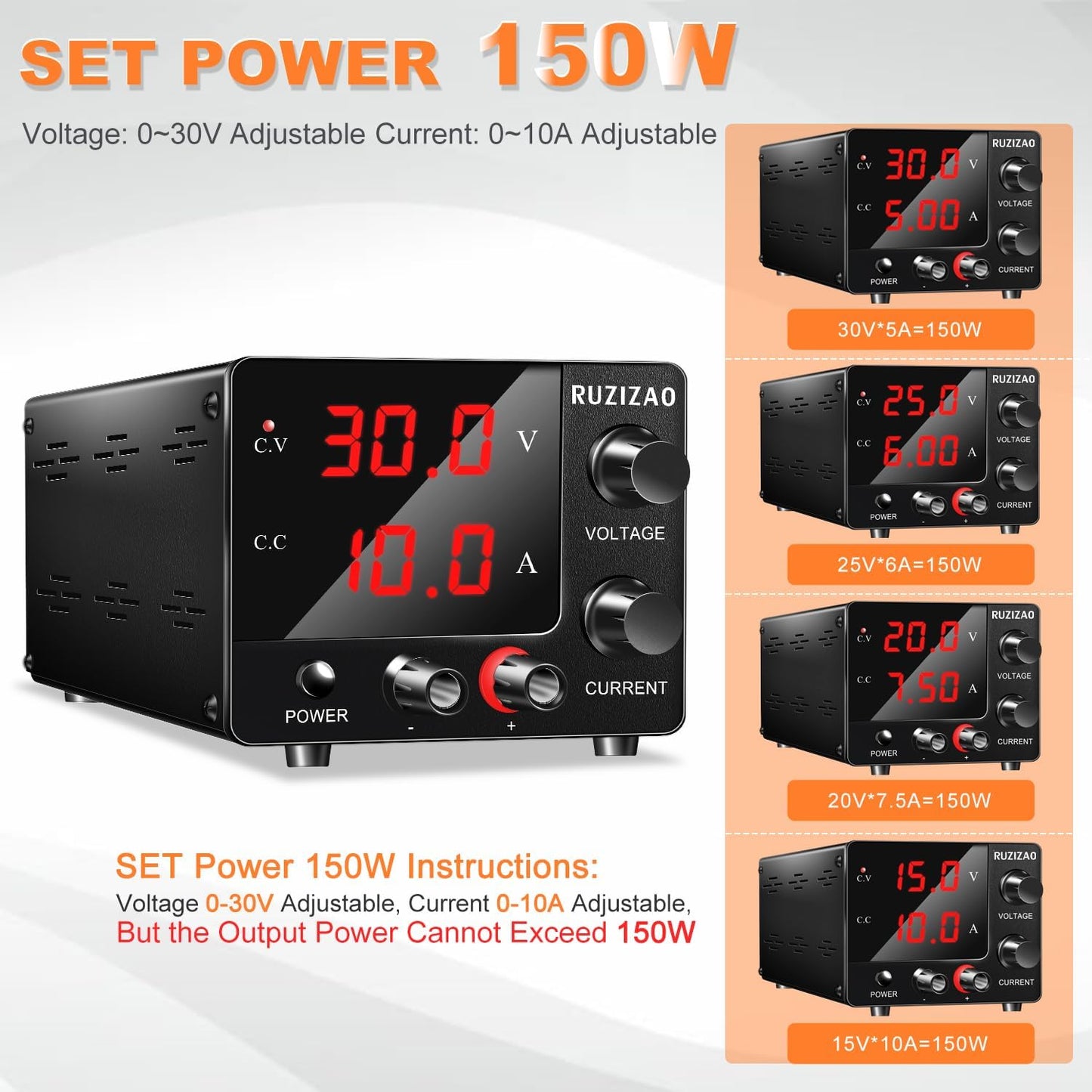 RUZIZAO Laboratory Power Supply 0~30V 0~10A 150W, Adjustable DC Power Supply Bench Power Supply Mini 3-Digit LED Display Encoder Knob Laboratory Power Supply 30V 5A/15V 10A