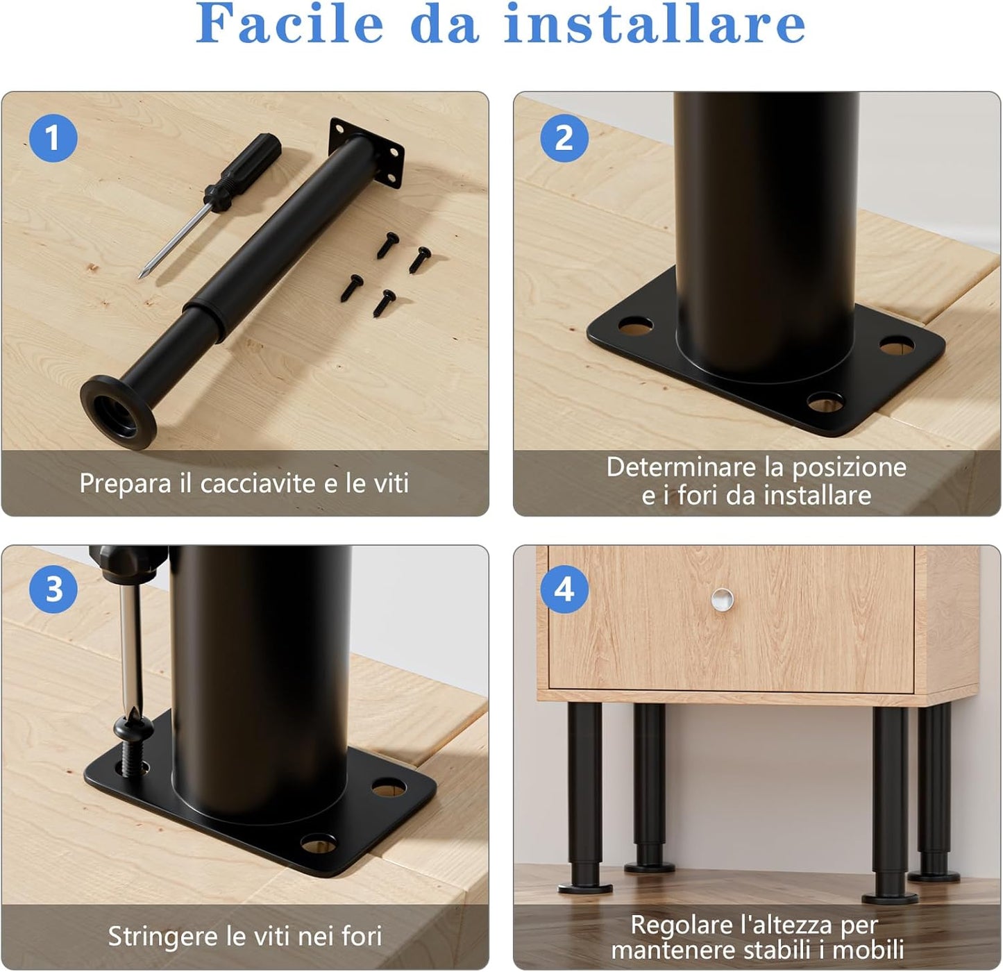 VETIN 4 Pieces Furniture Legs, Furniture Feet Adjustable Height 18-32 cm, Black Metal Support Feet, Furniture Legs for TV Cabinet, Bed, Sofa, Bedside, Bathroom, Cabinet