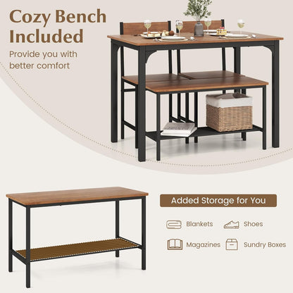 Giantex 4Pcs Dining Table Set, 1 Table & 1 Bench & 2 Chairs, Space-Saving Kitchen Set, Metal Frame & Storage Shelf, Industrial Desk Chair Set for Gathering Kitchen Dining Room Restaurant