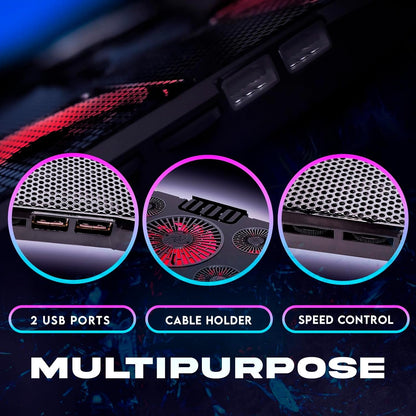 KLIM Cyclone Laptop Cooling Pad - New - 5 Fans Cooler - No More Overheating - Increases PC Performance and Life Expectancy - Ventilated Support for Laptop PS5 and PS4 - Red