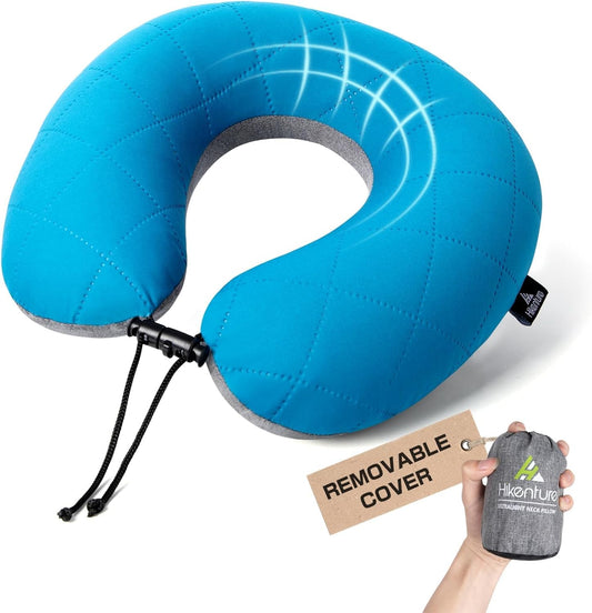 HIKENTURE Travel Pillow, Ultralight Inflatable Neck Pillow, Fully Inflated in 3 Breaths, Ergonomic Travel Neck Pillow for Airplane & Car, Portable Flight Pillow with Adjustable Softness(Blue)