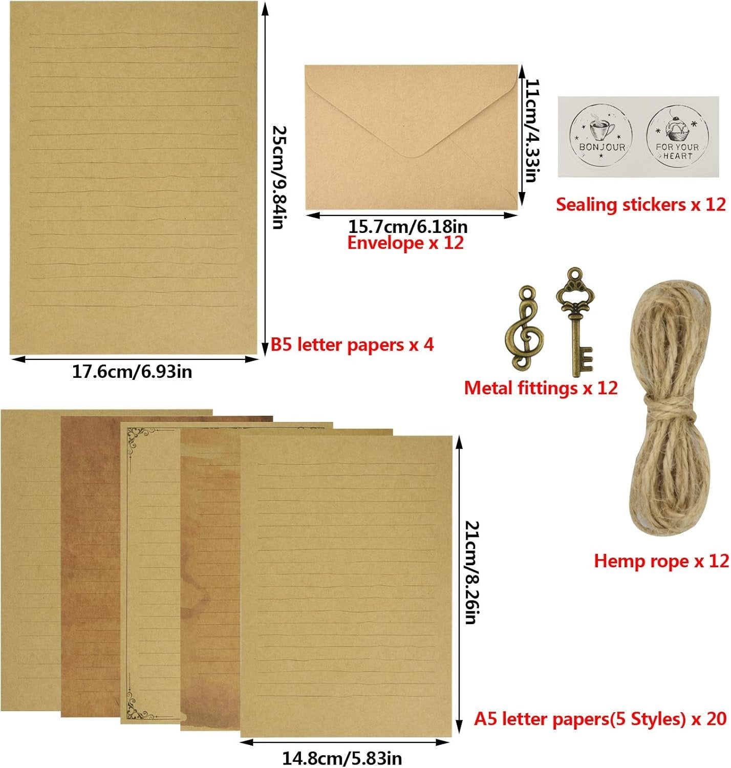 Dxhycc 6 Set Vintage Stationary Paper and Envelopes Set, 24 Sheets of Vintage Letter Papers, 12 Envelopes, 12 Hemp Ropes, 12 Retro Keys, 12 Sealing Stickers