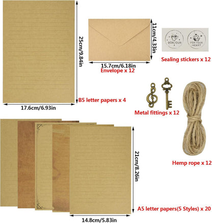 Dxhycc 6 Set Vintage Stationary Paper and Envelopes Set, 24 Sheets of Vintage Letter Papers, 12 Envelopes, 12 Hemp Ropes, 12 Retro Keys, 12 Sealing Stickers