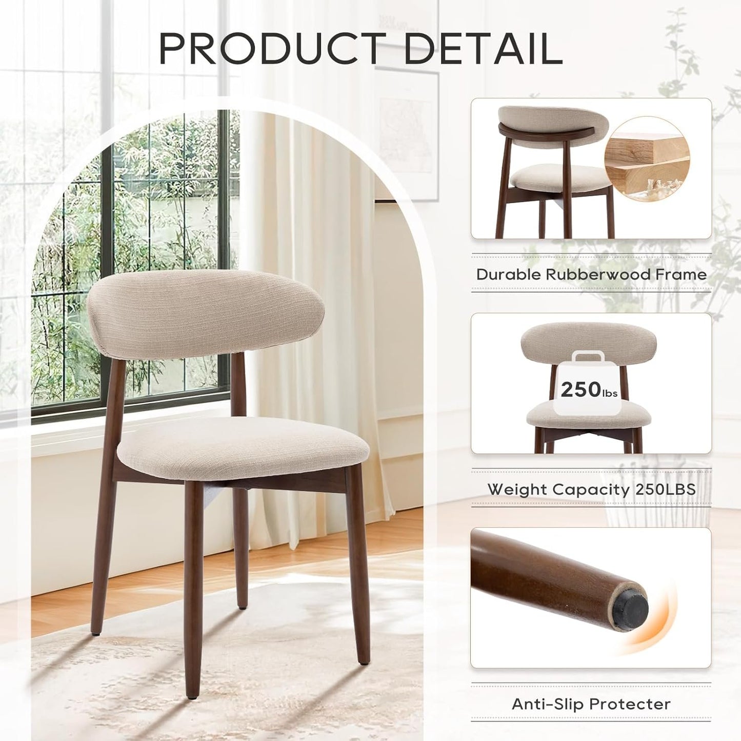 COLAMY Wooden Dining Chairs Set of 2, Modern Fabric Upholstered Kitchen Side Chairs, Farmhouse Dining Room Chair with Foot Pegs, Beige