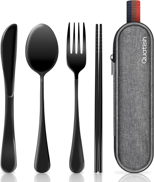 Travel Utensils with Case, Quatish Portable Utensil Set for Work, Stainless Steel Reusable Travel Cutlery Set, Spoon and Fork Set for Camping, Picnic, Gadgets, Men Lunch Box, Camping Essentials, Black
