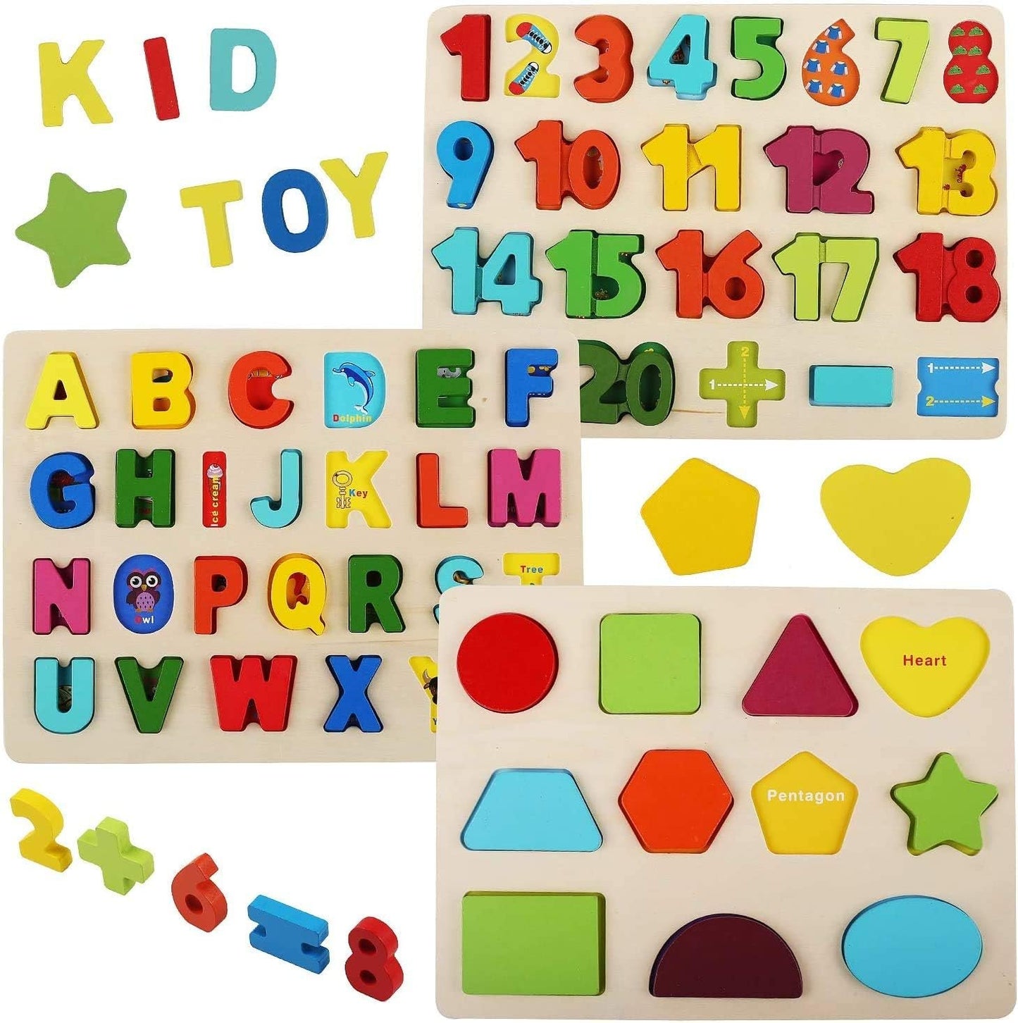 LENNYSTONE Wooden Puzzles for Toddlers, Wooden Alphabet ABC Numbers Shapes Puzzles Boards Early Educational Learning Toys for Kids Age 3 4 5 6 7 Years Old, Chunky Letters Jigsaw Puzzle