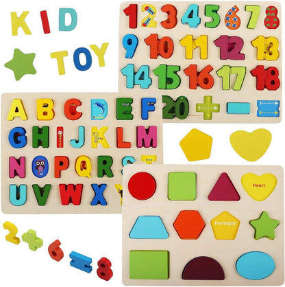 LENNYSTONE Wooden Puzzles for Toddlers, Wooden Alphabet ABC Numbers Shapes Puzzles Boards Early Educational Learning Toys for Kids Age 3 4 5 6 7 Years Old, Chunky Letters Jigsaw Puzzle