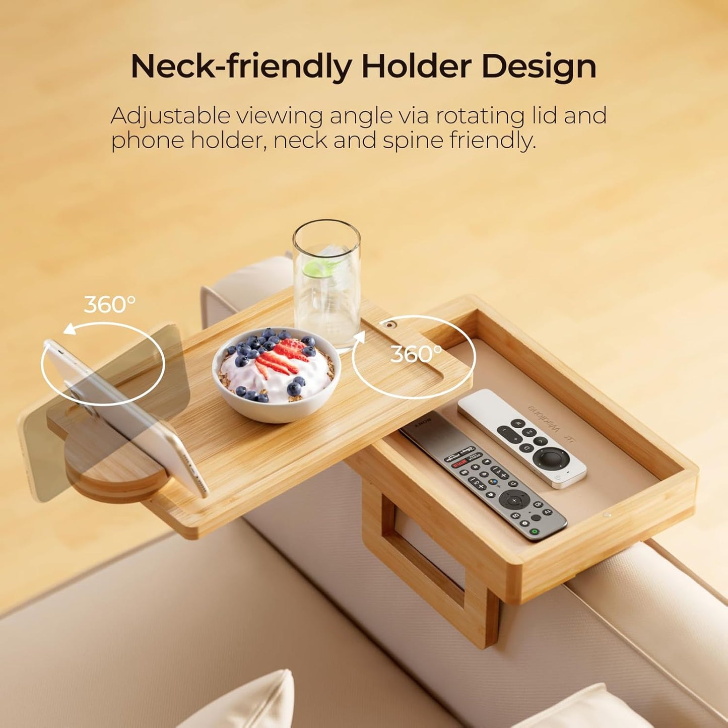 Wealone Mini Couch Arm Table for Narrow Armrest, Bamboo Sofa Arm Tray with Storage Box, Rotating Tabletop & Phone Stand, Adjustable Sofa Arm Table Clip for Snacks or Dining, Width of Armrest 1-7 Inch