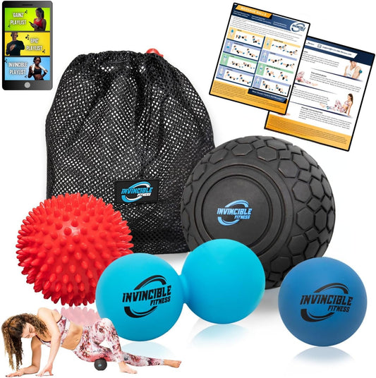 Deep Tissue Massage Ball Set - Includes 5" Foam Roller Mobility Ball, Double Peanut Lacrosse Ball, Spiky Balls for Trigger Point Therapy, Self Myofascial Release, Foot Reflexology, Plantar Fasciitis