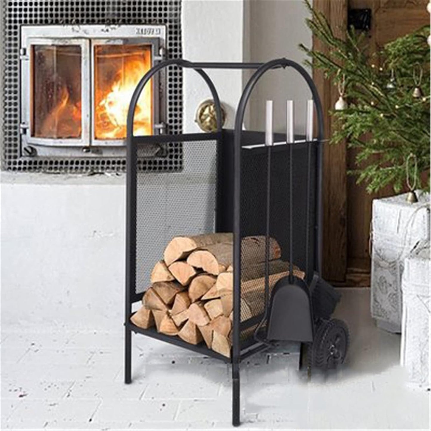 Metal Firewood Log Trolley Cart Storage with Wheels Kindling and Companion Toolset (Color : Black Size : 35x35x80cm) (Black 35x35x80cm)