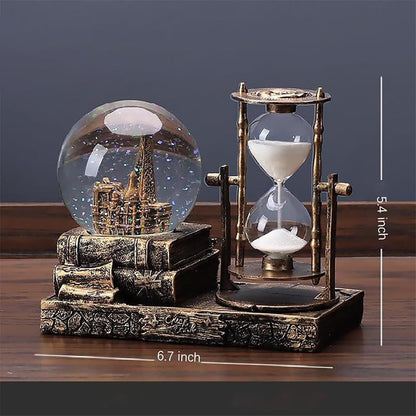 IDORTYBB LED Music Crystal Snow Globe with Hourglass Timer Home Decoration for Living Room Bedroom Book Shelf TV Cabinet Desktop Decor Statue Figurine Table Centerpieces Ornaments (Brass)