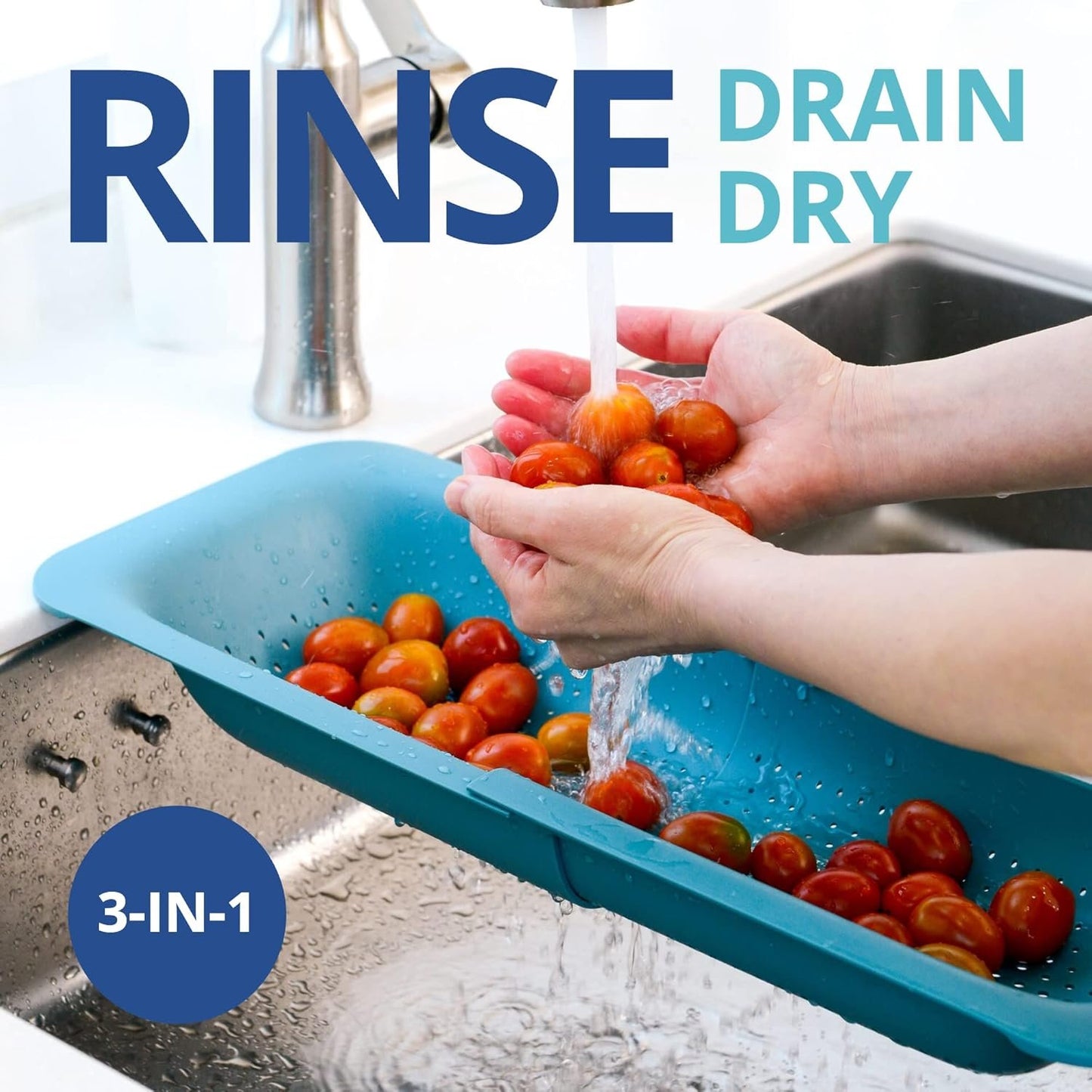 BLUE GINKGO Over The Sink Colander Strainer Basket - Wash Vegetables and Fruits, Drain Cooked Pasta and Dry Dishes - Extendable - New Home Kitchen Essentials (20 W x 36.8-49.5 L x 6.9 H cm) - Teal