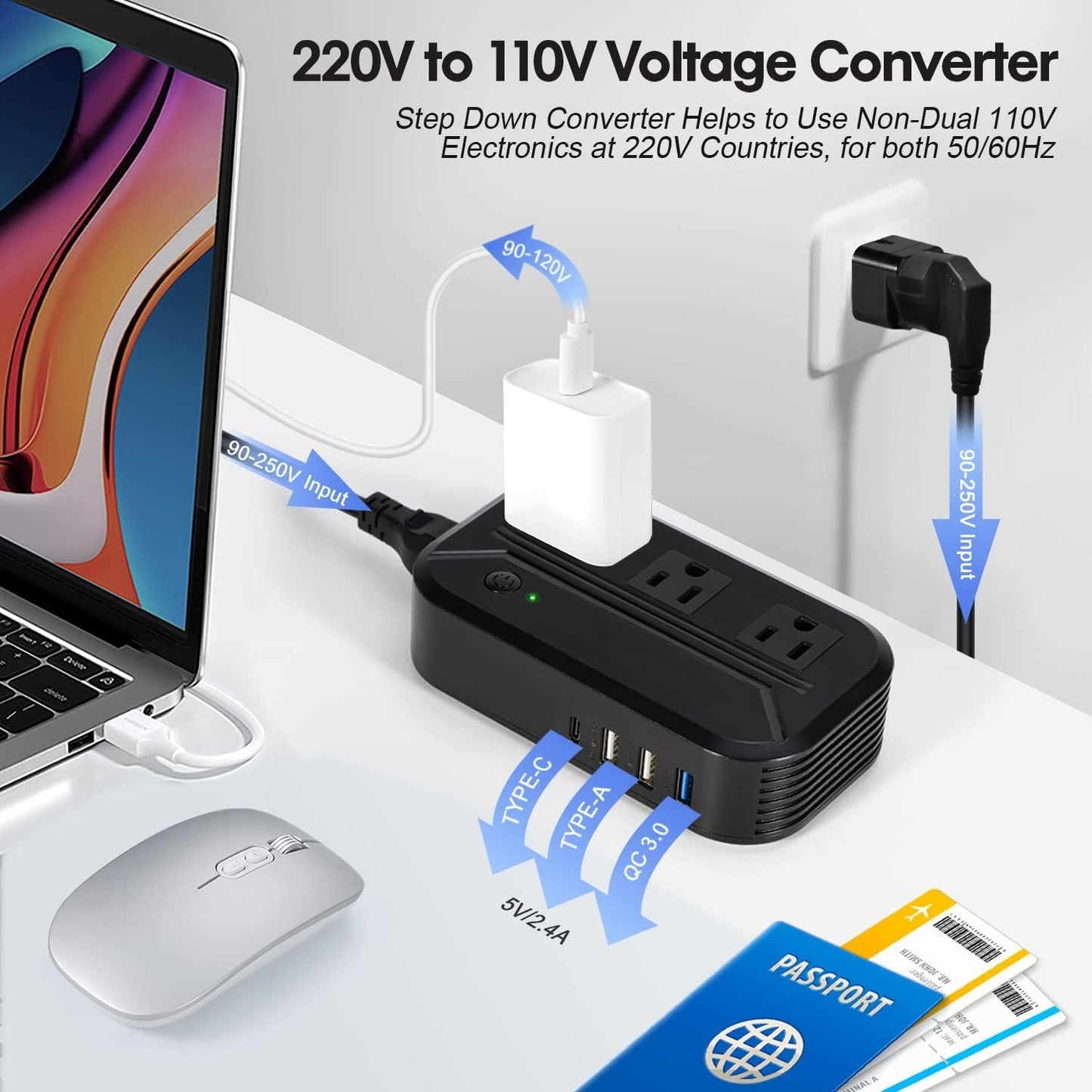 Power Converter 2300W International Step Down Voltage 220V/240V to 110V/120V w/ 4 USB 3 AC Outlets 7 Travel Plug Adapter EU/US/AU/IT/UK/IN/S. Africa for Phone Tablet Camera Laptop and More Electronics