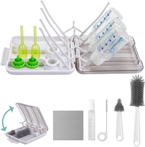 Baby Bottle Brush, 7 in 1 Travel Bottle Cleaner Kit with Soap Dispenser, Bottle Drying Rack, Dishcloths, Portable Essentials for Home and Travel-White