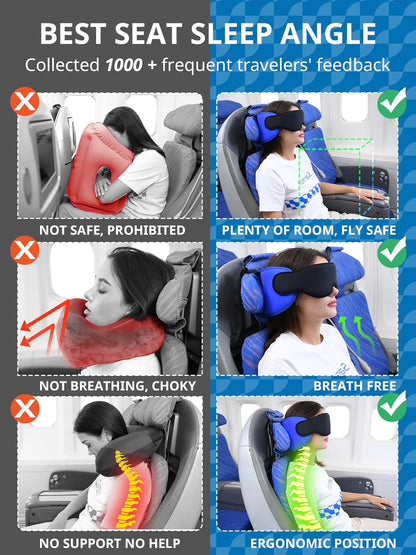 SARISUN Travel Pillows for Airplanes, Airplane Pillow for Long Flight, Airplane Head Strap with Eye Mask for Sleep, Travel Neck Pillow for Car Road Trip, 360° Support Headrest, Stop Bobblehead, Black