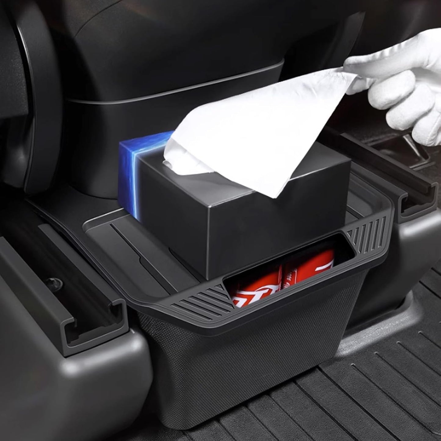 Rear Center Console Organizer for Tesla 2024 Model Y, Car Storage Box Backseat Garbage Can TPE Row Seat Container with Lid Interior Accessories for 2024 2023-2020 Model Y