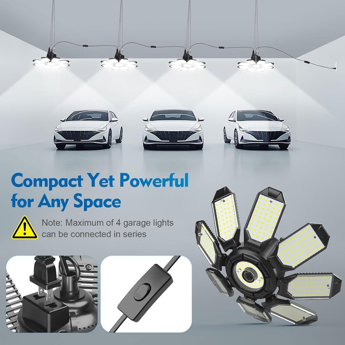 TANBABY Upgrade 250W LED Garage Lights Plug in 2 Pack, Total 50000LM Deformable Garage Lights Ceiling LED Plug in Cord, Plug in Shop Lights for Garage Lighting with 8+1 Panels Garage Bulb for Basement