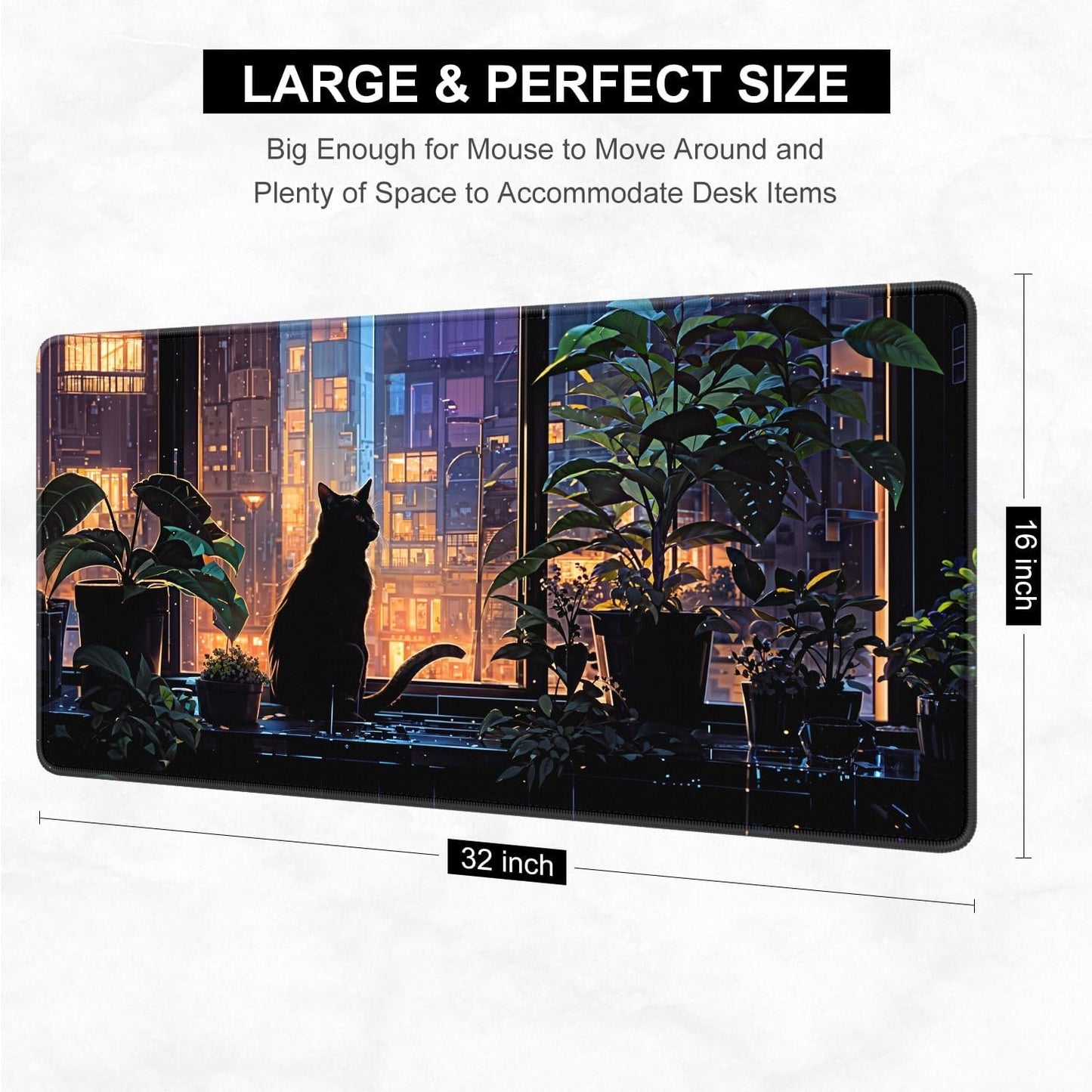Desk Pad, 32" x 16" XXXL Extended Large Gaming Mouse Pad, Desktop Decor Desk Mat, Men Women Office Supplies and Accessories, Cute Anime Mouse Mat for Laptop & Keyboard, City Cat