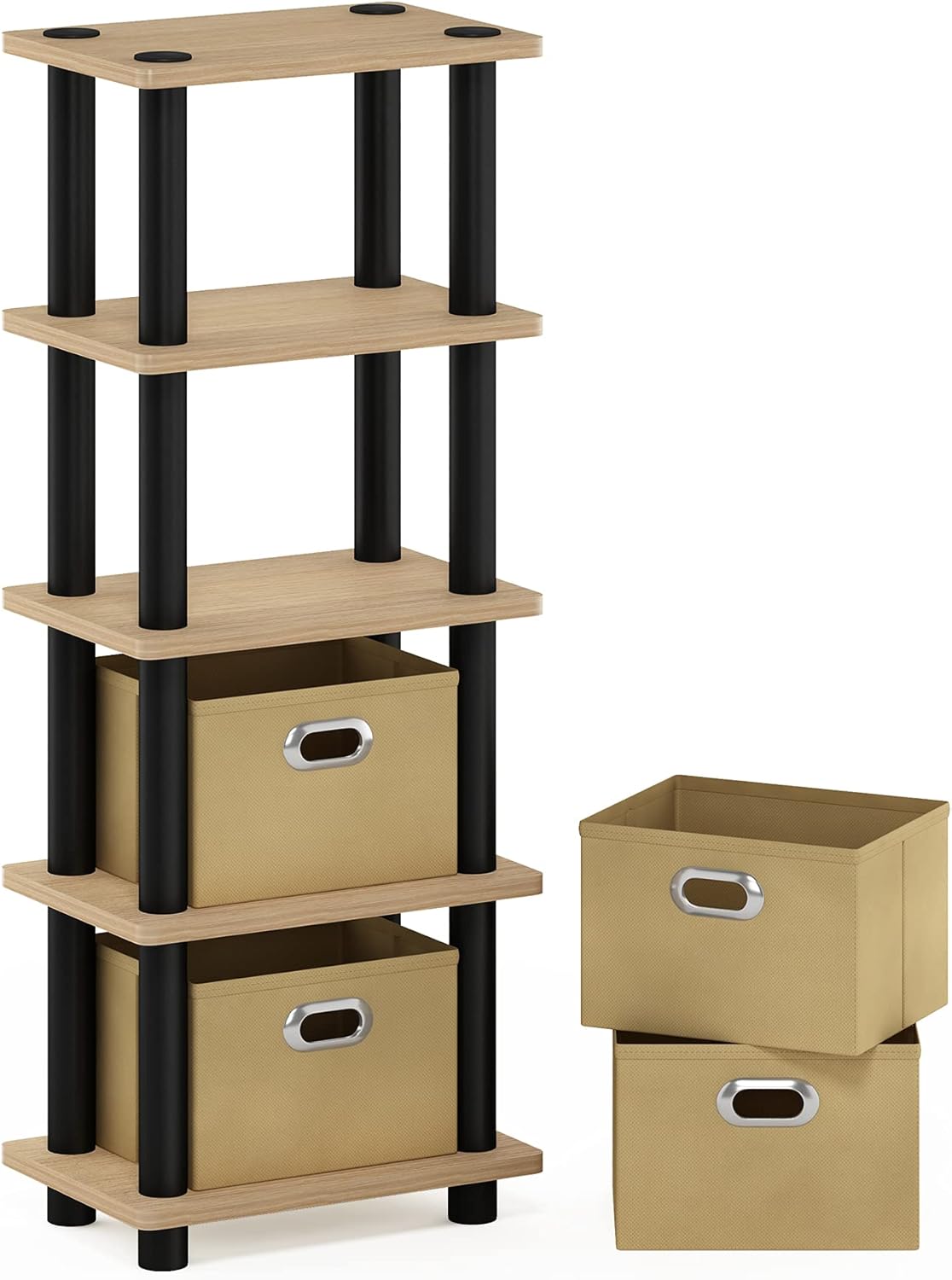 FURINNO LAci 4-Bins System Rack, Oak/Black/Light Brown