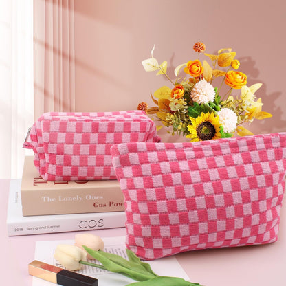 H HOME-MART 2 Pieces Checkered Makeup Bag Large Cosmetic Bag Capacity Canvas Mix Travel Toiletry Bag Organizer for Purse Portable Zipper Make Up Pouch Small Cosmetic Case
