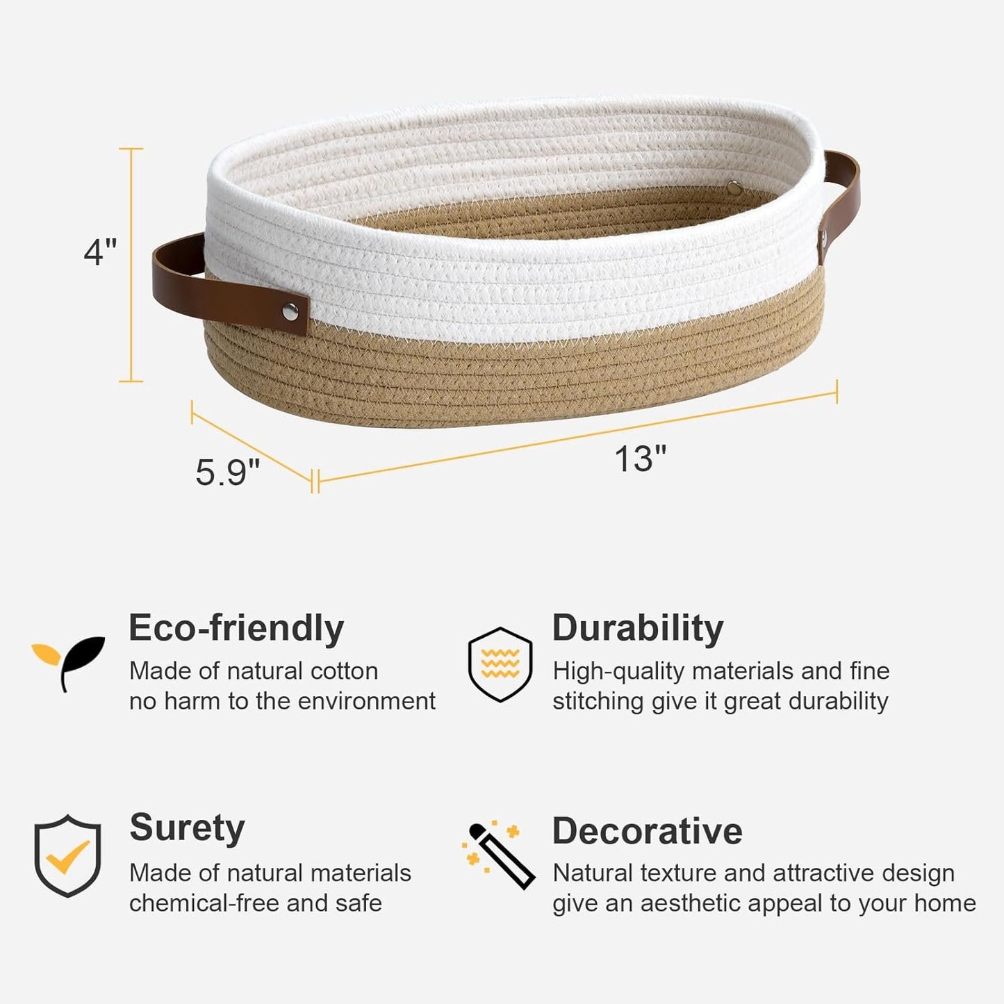 DIMJ Woven Rope Baskets Cotton - 4 Pack Toilet Paper Basket Small Nursery Storage Basket Set With Handles, Rectangle Cute Baskets for Gifts for Home Decor Organization Baby, Nursery,White and Brown