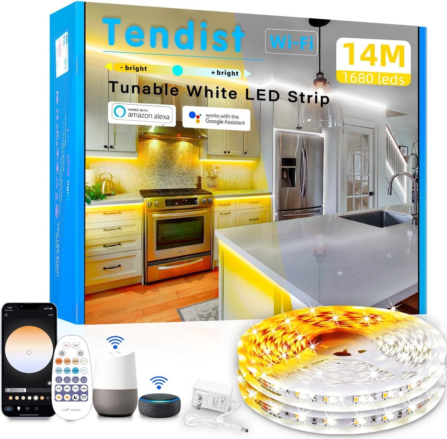 46FT White LED Light Strips 3000K-6500K, Tendist Alexa Compatible Led Strip Light Cool and Warm White Dimmable, 24V App Smart Under Cabinet Lighting with Remote, Counter Light for Kitchen, Bedroom, Mirror, Closet