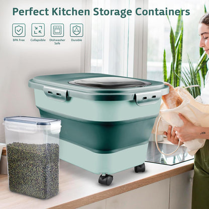 Komzon Rice Storage Containers, Collapsible 10 to 30Lbs Food Storage Bin Dispenser with Rolling Wheel and Clear Airtight Lid, BPA Free Flour, Sugar, Cereal and Dog Cat Pet food Containers