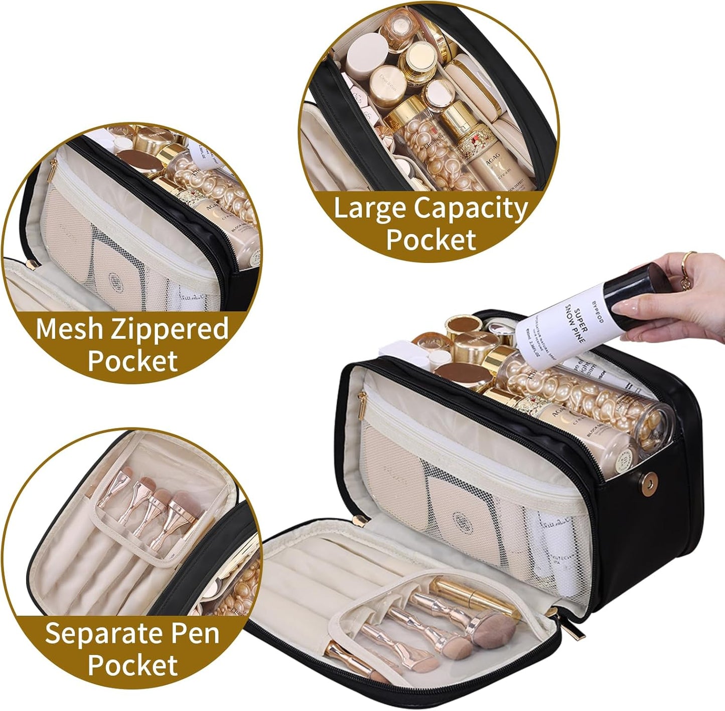 Ogetok Leather Makeup Bag for Women, Portable Travel Cosmetic Bags Zipper Make Up Pouch for Ladies Woman, Large Toiletry Organizer Bag for Toiletries Cosmetics Accessories, Black