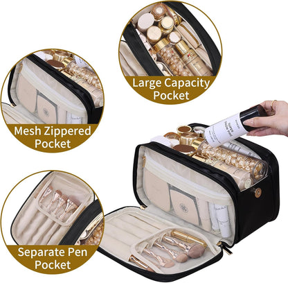 Ogetok Leather Makeup Bag for Women, Portable Travel Cosmetic Bags Zipper Make Up Pouch for Ladies Woman, Large Toiletry Organizer Bag for Toiletries Cosmetics Accessories, Black