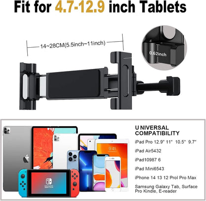 Tablet Holder for Car Headrest, 360 Rotating Adjustable Tablet Car Mount for Back Seat, Trip Essentials for Kids, iPad Holder for 4.7-12.9" Like iPad Pro, Air, Mini, Galaxy, Fire (Black)