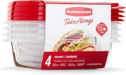 Rubbermaid TakeAlongs 2.9-Cup Square Food Storage Containers, 4-Pack, Chili Red