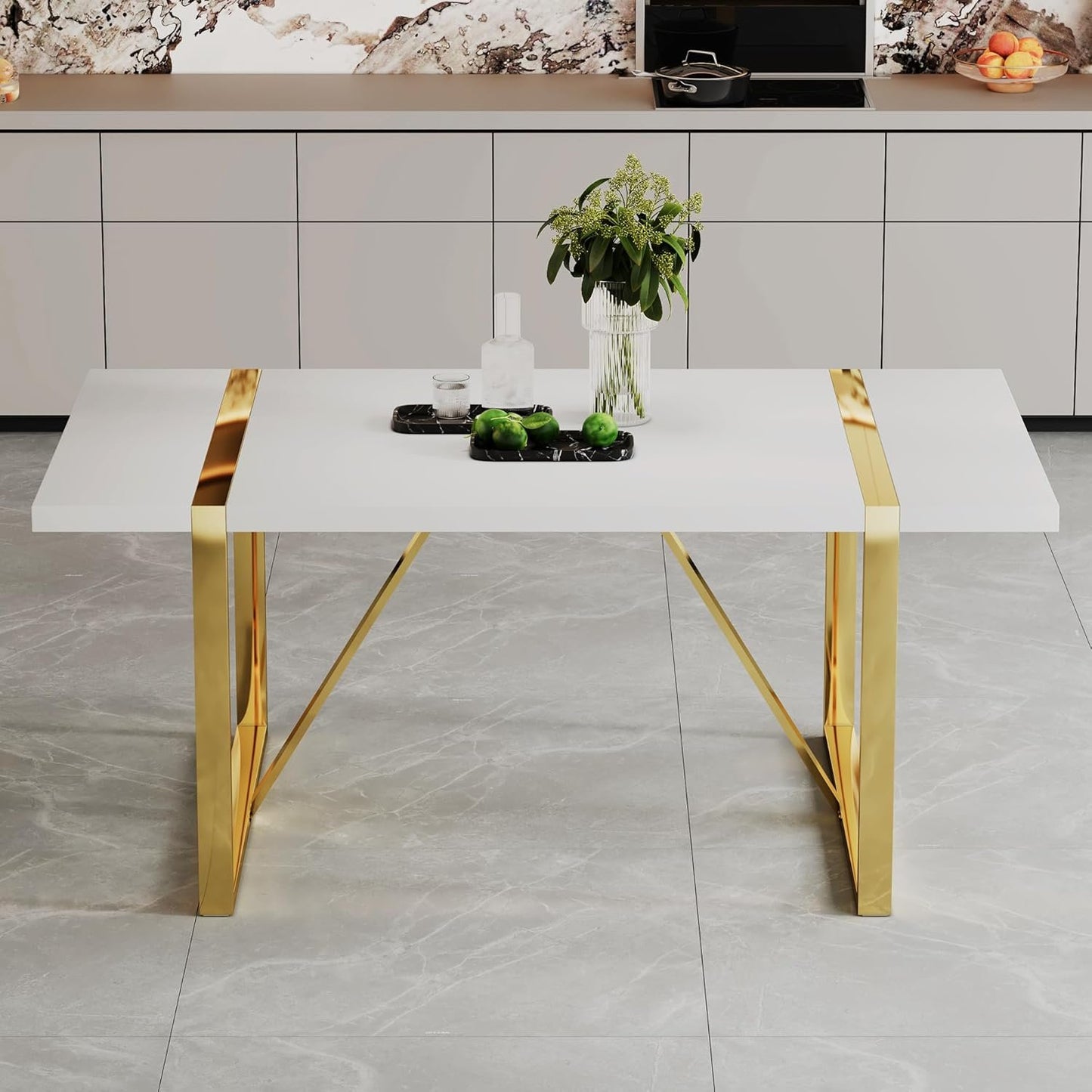 CTPNMCIN Modern Dining Table, 55'' Dining Room Table for 4-6 People, White Wood Tabletop with Gold Metal Legs, Suitable for Small Space