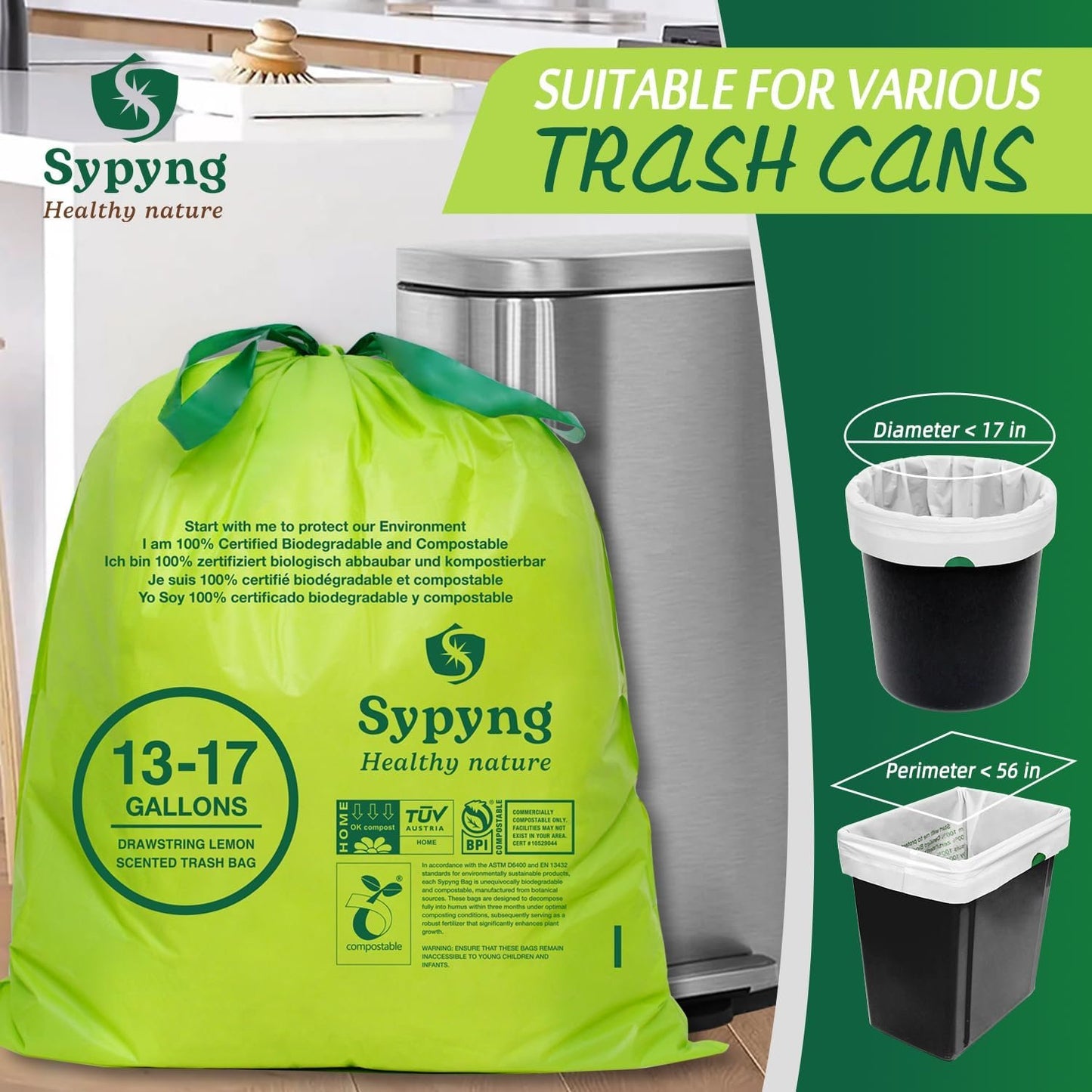 Trash Bags 100% Biodegradable and Compostable Drawstring Lemon-Scented, Large Eco-Friendly,50 Bags/Roll, Extra Thick:1,1 Mils, Compost Home Certified (Green, 13-17 Gallons)