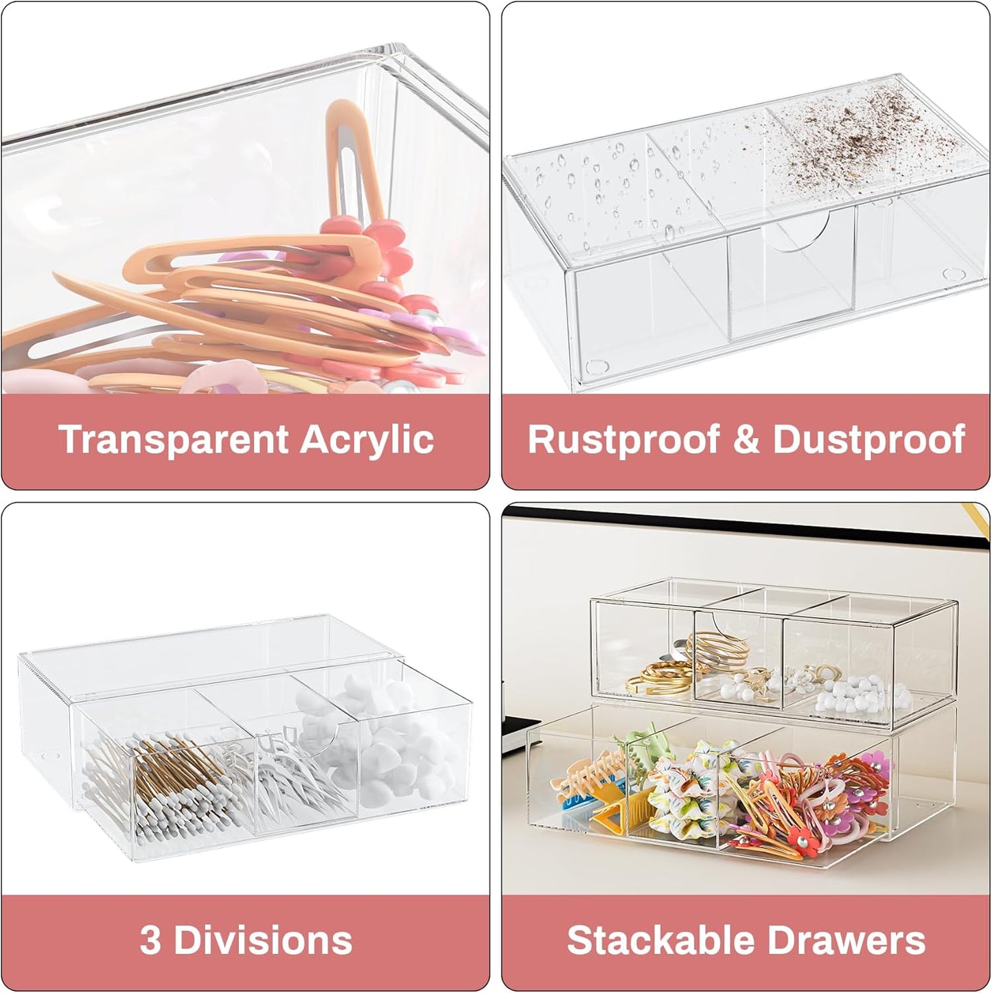 JDOTL Hair Accessories Organizer for Girls, Clear Acrylic Hair Bow Tie Clip Scrunchie Holder with Divider, Cute Small Stackable Storage Drawer Container Caddy Box for Bathroom Vanity Countertop