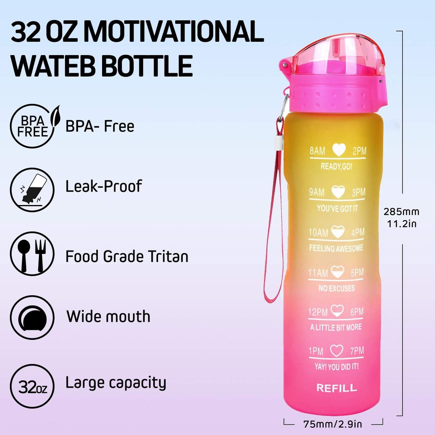 32oz Leakproof Water Bottle with Time Marker & Straw lid to Ensure You Drink Enough Water Throughout The Day for Fitness and Outdoor Enthusiasts, BPA Free, with Straw Brush (Yellow Pink)