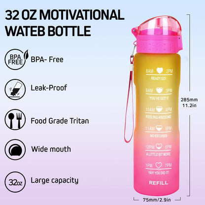 32oz Leakproof Water Bottle with Time Marker & Straw lid to Ensure You Drink Enough Water Throughout The Day for Fitness and Outdoor Enthusiasts, BPA Free, with Straw Brush (Yellow Pink)