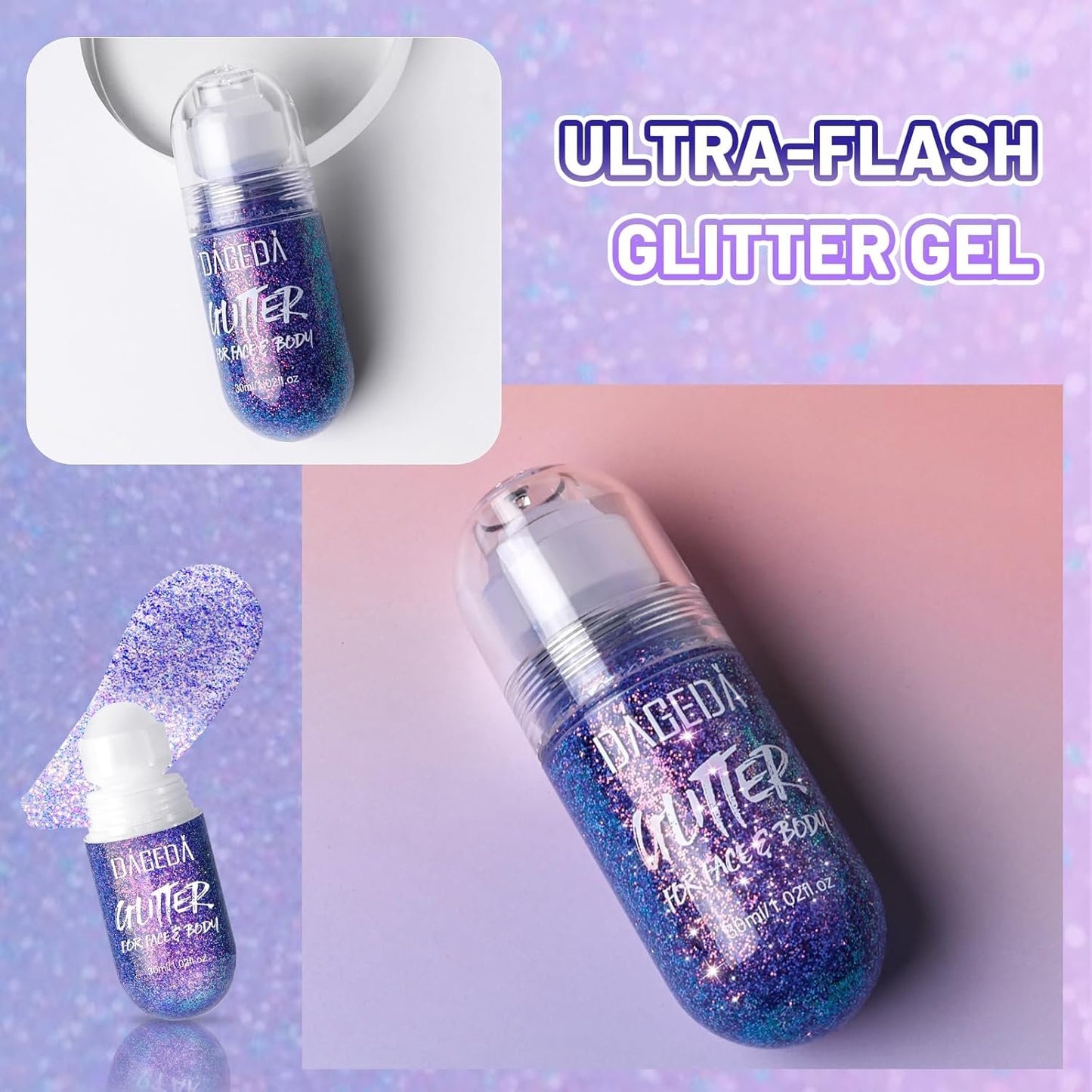 DAGEDA Body Glitter Gel, Roll-on Face Glitter for Mermaid Makeup Festival Rave Accessories, Holographic Hair Glitter Gel,Body Shimmer Halloween Makeup for Rave Party(Crazy Purple)