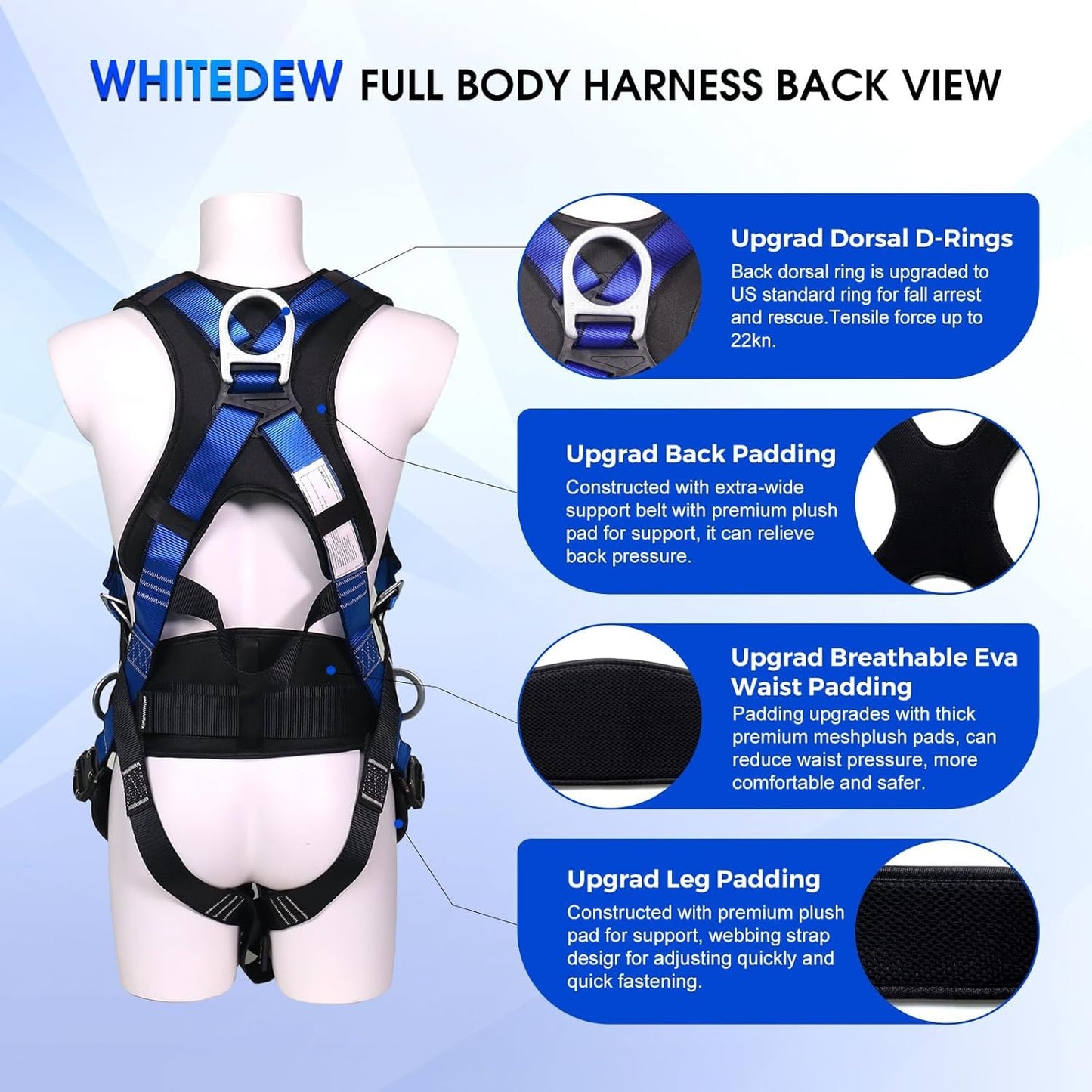 Fall Protection Premium Safety Harness with Shock Absorbing Lanyard, Roofing Constructio Harness, Vented & Padded Shoulder, Legs & Back - Upgrade 4 Quick Buckles (Blue)
