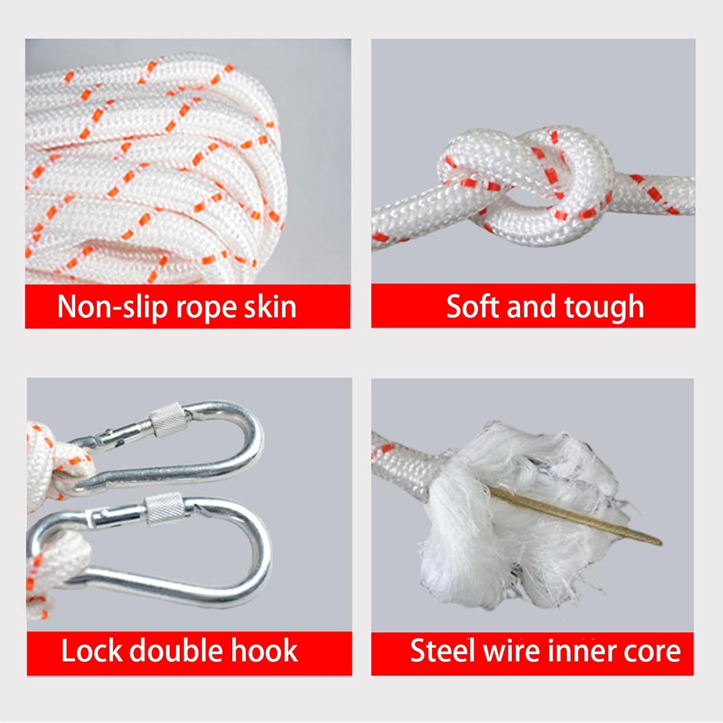 Escape Safety Rope, Steel Wire Core Cord Survival Rope, 0.31 x 0.39 x 0.47 Inch Multifunctional Compact Double Hook Design Portable Rescue Tool, for Hiking, Camping, Construction