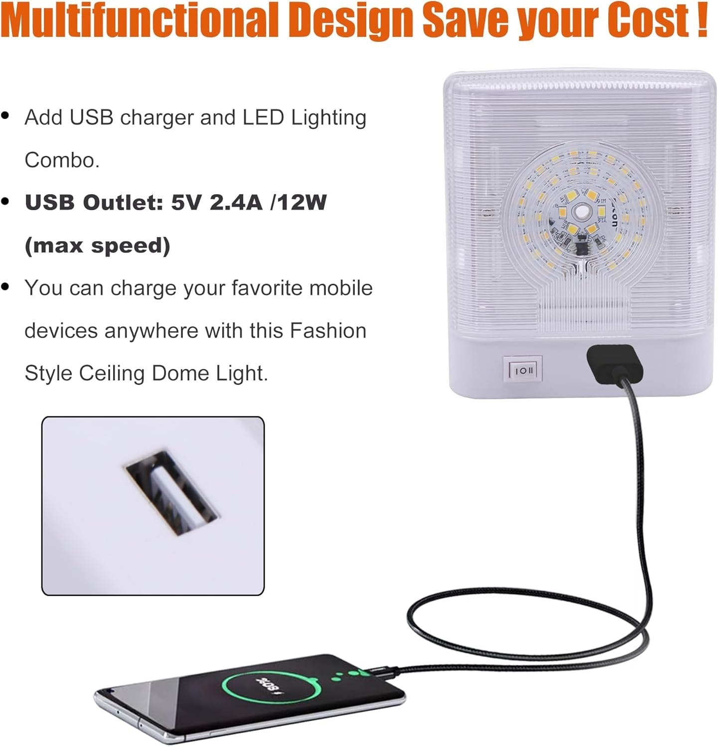 Facon 12V RV Interior Lights with Fast USB Charger (5V/2.4A), Dual-Tone 3000K/4000K Smart Lighting Upgrade for RVs, Campers, Boats, Square Single Pancake RV Lighting