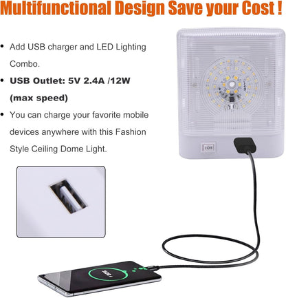Facon 12V RV Interior Lights with Fast USB Charger (5V/2.4A), Dual-Tone 3000K/4000K Smart Lighting Upgrade for RVs, Campers, Boats, Square Single Pancake RV Lighting