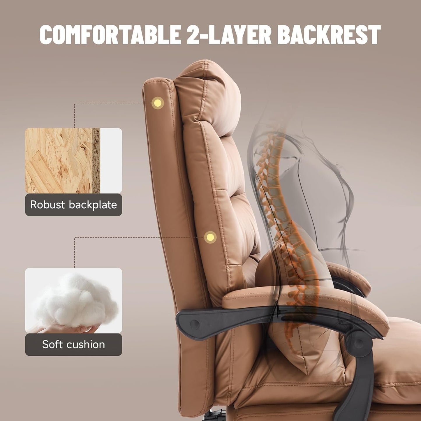 KITHOME High Back Office Chair with Footrest, 110°Reclining Leather Comfy Desk Chair with Lumber Support, Tall and High Executive Swivel Chair for Home Office, Black, White, Brown (Brown)