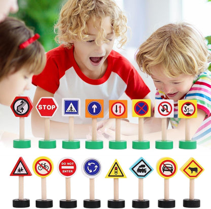 Kidstraffic Road Signs, 16x Street Traffic Signs Play Toy, Early Learning Game, Crosswalk Signal Blocks, Wooden Stop Safety Game For Education, 9.06x7.09x1.18 Inches
