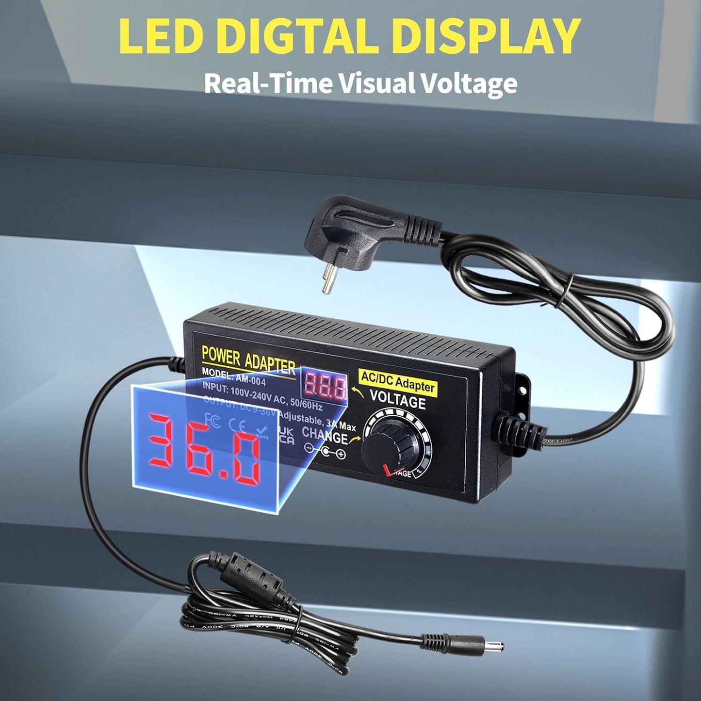 3A 108W Adjustable Power Supply, 9V-36V Universal Adjustable 100V-240V AC to DC Power Adapter with 14 Tips and Polarity Cable for Home Electronics, LED Strips
